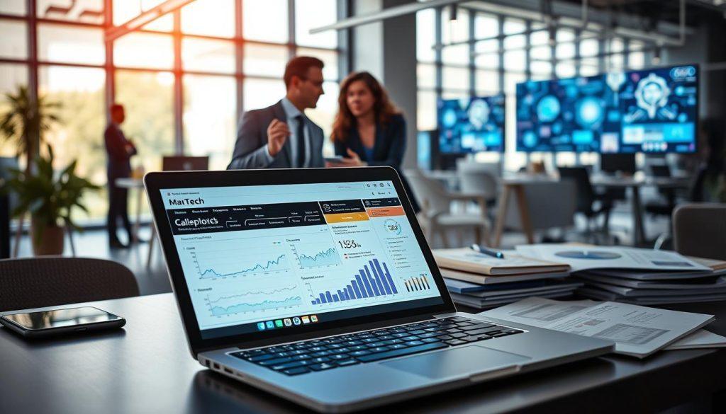 A modern digital marketing landscape, showcasing the concept of MarTech. In the foreground, a sleek laptop with analytical dashboards displaying graphs and data points, surrounded by diverse digital marketing tools like a smartphone, a tablet, and marketing reports. The middle ground features a group of three professionals in business attire, engaged in a thoughtful discussion, with one pointing to data on the laptop. The background depicts a bustling office environment with large windows allowing soft, natural light to illuminate the space, creating a productive atmosphere. Incorporate subtle tech-inspired elements like circuit patterns in the walls and digital screens. The overall mood is collaborative, innovative, and forward-thinking, emphasizing the effectiveness of technology in marketing strategies. A modern digital marketing landscape, showcasing the concept of MarTech. In the foreground, a sleek laptop with analytical dashboards displaying graphs and data points, surrounded by diverse digital marketing tools like a smartphone, a tablet, and marketing reports. The middle ground features a group of three professionals in business attire, engaged in a thoughtful discussion, with one pointing to data on the laptop. The background depicts a bustling office environment with large windows allowing soft, natural light to illuminate the space, creating a productive atmosphere. Incorporate subtle tech-inspired elements like circuit patterns in the walls and digital screens. The overall mood is collaborative, innovative, and forward-thinking, emphasizing the effectiveness of technology in marketing strategies.