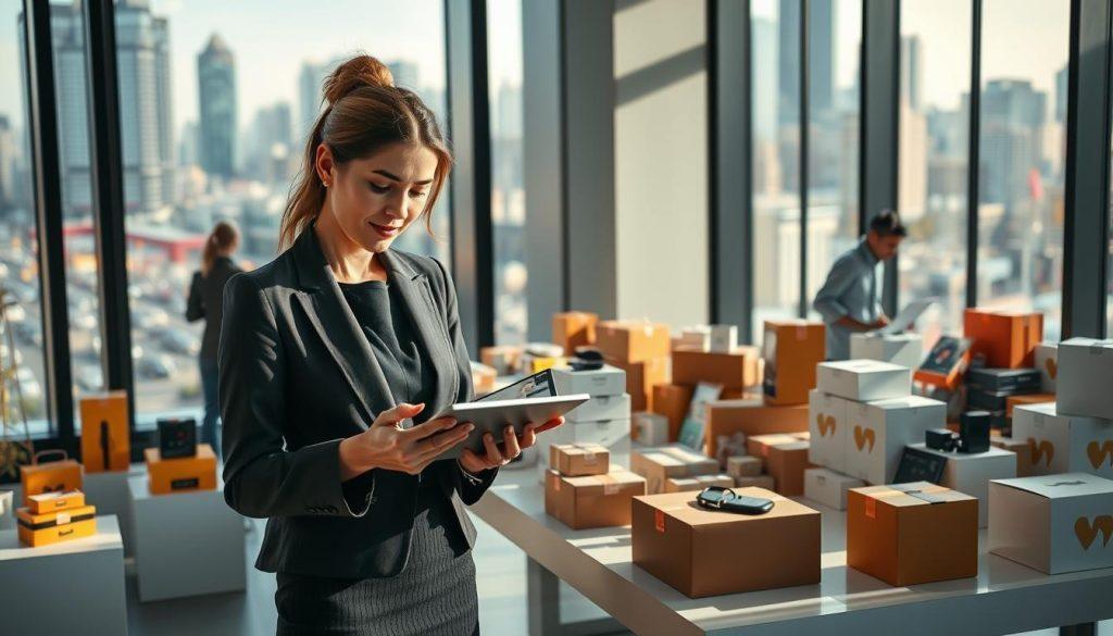 A modern e-commerce setting showcasing a pre-order business model. In the foreground, a confident businesswoman in professional attire is reviewing a digital tablet with product listings. The middle ground features a sleek, well-organized workspace filled with various products in attractive display boxes, some labeled as "pre-order". The background consists of a large window overlooking a vibrant cityscape, implying a bustling market environment. Soft, natural light floods the room, casting gentle shadows that create a warm, inviting atmosphere. The scene emphasizes a sense of collaboration and innovation, highlighting the low-risk entrepreneurial approach in e-commerce, with a stylish and professional ambiance. A modern e-commerce setting showcasing a pre-order business model. In the foreground, a confident businesswoman in professional attire is reviewing a digital tablet with product listings. The middle ground features a sleek, well-organized workspace filled with various products in attractive display boxes, some labeled as "pre-order". The background consists of a large window overlooking a vibrant cityscape, implying a bustling market environment. Soft, natural light floods the room, casting gentle shadows that create a warm, inviting atmosphere. The scene emphasizes a sense of collaboration and innovation, highlighting the low-risk entrepreneurial approach in e-commerce, with a stylish and professional ambiance.