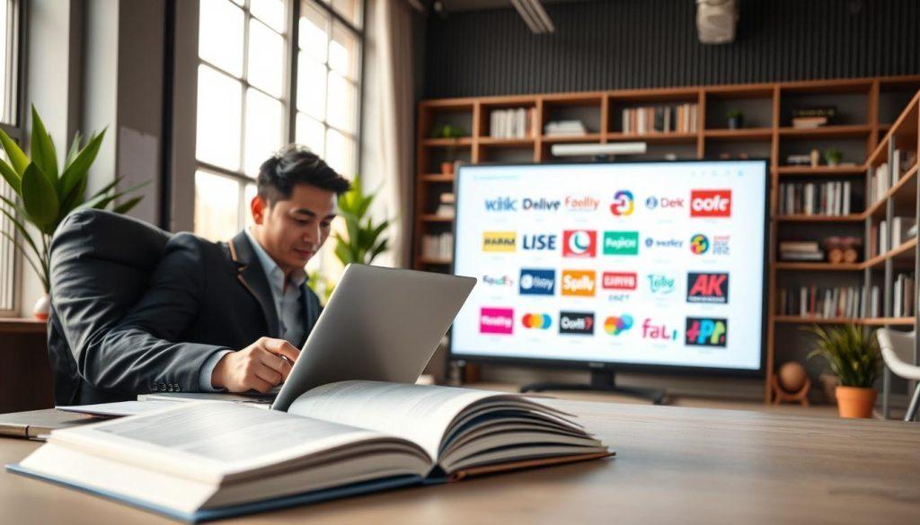 A modern e-commerce workspace designed for branding strategy. In the foreground, a professional Asian entrepreneur in business attire analyzes data on a sleek laptop, with a notebook full of ideas opened beside them. In the middle, a large digital screen displays vibrant branding concepts, including logos and marketing materials. The background features a stylish office with minimalist decor, bright lighting streaming through large windows, and shelves filled with books on branding and e-commerce strategies. The atmosphere is dynamic and inspiring, suggesting creativity and growth, as plants subtly enhance the freshness of the space. The image captures the essence of a forward-thinking e-commerce operation poised for expansion. A modern e-commerce workspace designed for branding strategy. In the foreground, a professional Asian entrepreneur in business attire analyzes data on a sleek laptop, with a notebook full of ideas opened beside them. In the middle, a large digital screen displays vibrant branding concepts, including logos and marketing materials. The background features a stylish office with minimalist decor, bright lighting streaming through large windows, and shelves filled with books on branding and e-commerce strategies. The atmosphere is dynamic and inspiring, suggesting creativity and growth, as plants subtly enhance the freshness of the space. The image captures the essence of a forward-thinking e-commerce operation poised for expansion.
