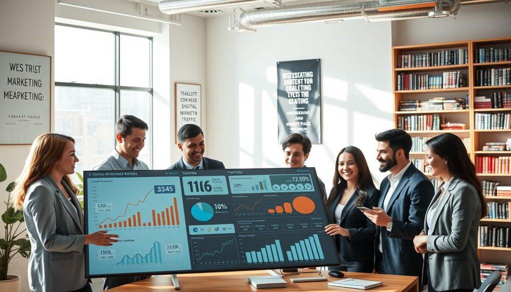 A modern e-commerce workspace scene showcasing a vibrant digital marketing meeting. In the foreground, a diverse group of professionals in business attire is gathered around a large touchscreen table displaying various graphs and analytics related to traffic growth. Their expressions are engaged and focused, indicating collaboration and strategy. In the middle ground, large windows allow natural sunlight to illuminate the room, casting soft shadows and creating an inviting atmosphere. Inspirational posters on the walls depict themes of trust and expansion in the digital marketplace. In the background, shelves filled with books on entrepreneurship and marketing illustrate a commitment to learning and growth. The overall mood is hopeful and dynamic, symbolizing the excitement of scaling online business traffic. A modern e-commerce workspace scene showcasing a vibrant digital marketing meeting. In the foreground, a diverse group of professionals in business attire is gathered around a large touchscreen table displaying various graphs and analytics related to traffic growth. Their expressions are engaged and focused, indicating collaboration and strategy. In the middle ground, large windows allow natural sunlight to illuminate the room, casting soft shadows and creating an inviting atmosphere. Inspirational posters on the walls depict themes of trust and expansion in the digital marketplace. In the background, shelves filled with books on entrepreneurship and marketing illustrate a commitment to learning and growth. The overall mood is hopeful and dynamic, symbolizing the excitement of scaling online business traffic.