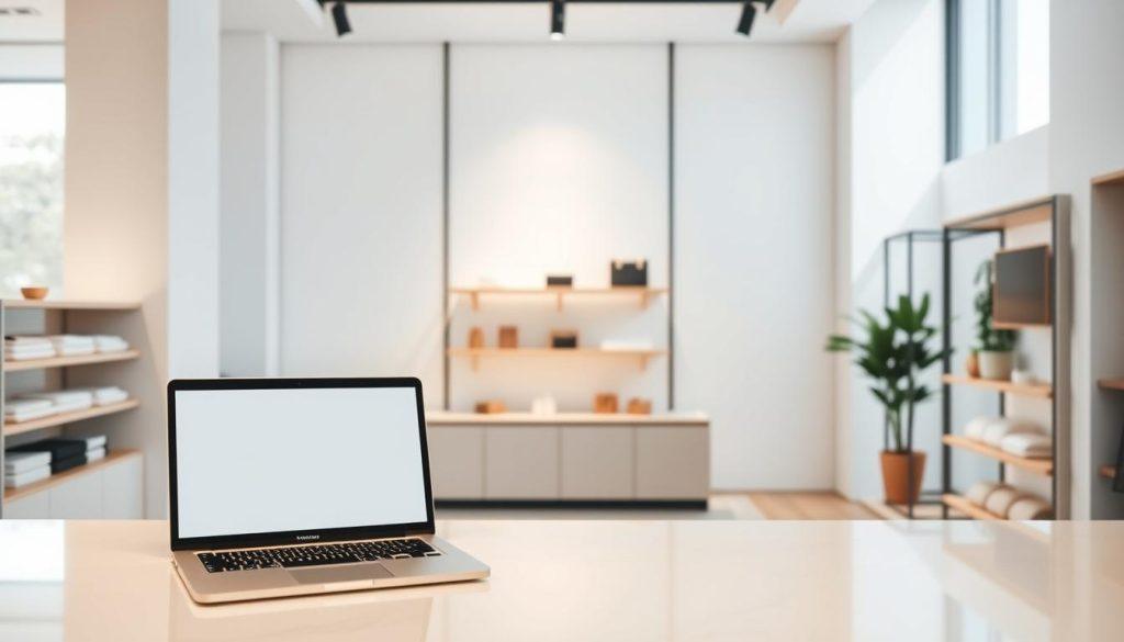 A modern minimalist storefront with a focus on e-commerce, showcasing a visually appealing and tidy display. In the foreground, a sleek countertop with a laptop open, illustrating a simple online shop interface. In the middle, a stylish, well-organized space with shelves holding a few essential products, emphasizing simplicity and ease of access. The background features a large window allowing natural light to flood the scene, creating a warm, inviting atmosphere. The color palette is soft and neutral, enhancing the minimalist theme. The setting conveys a sense of potential and readiness for business. The mood is optimistic and encouraging, perfect for illustrating an entry point into entrepreneurship. A modern minimalist storefront with a focus on e-commerce, showcasing a visually appealing and tidy display. In the foreground, a sleek countertop with a laptop open, illustrating a simple online shop interface. In the middle, a stylish, well-organized space with shelves holding a few essential products, emphasizing simplicity and ease of access. The background features a large window allowing natural light to flood the scene, creating a warm, inviting atmosphere. The color palette is soft and neutral, enhancing the minimalist theme. The setting conveys a sense of potential and readiness for business. The mood is optimistic and encouraging, perfect for illustrating an entry point into entrepreneurship.