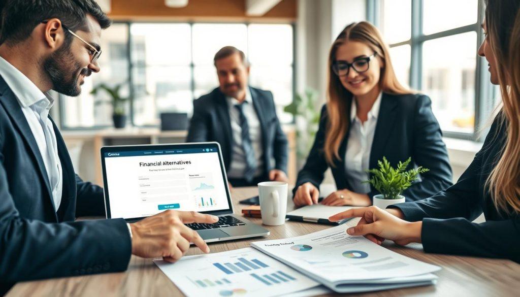 A modern office desk scene featuring a diverse group of professionals—one male and one female—dressed in smart business attire, engaged in a discussion over a stack of financial documents. The foreground shows hands pointing to a document labeled "Financial Alternatives" with graphs and charts, symbolizing alternative financial proof. In the middle ground, a laptop displays an online application form for a startup loan, while a coffee cup and a plant add a personal touch. The background features a bright, well-lit office with large windows allowing natural light to stream in, creating a positive and motivating atmosphere. The angle is a slight overhead shot, capturing the collaboration and focus of the team. A modern office desk scene featuring a diverse group of professionals—one male and one female—dressed in smart business attire, engaged in a discussion over a stack of financial documents. The foreground shows hands pointing to a document labeled "Financial Alternatives" with graphs and charts, symbolizing alternative financial proof. In the middle ground, a laptop displays an online application form for a startup loan, while a coffee cup and a plant add a personal touch. The background features a bright, well-lit office with large windows allowing natural light to stream in, creating a positive and motivating atmosphere. The angle is a slight overhead shot, capturing the collaboration and focus of the team.
