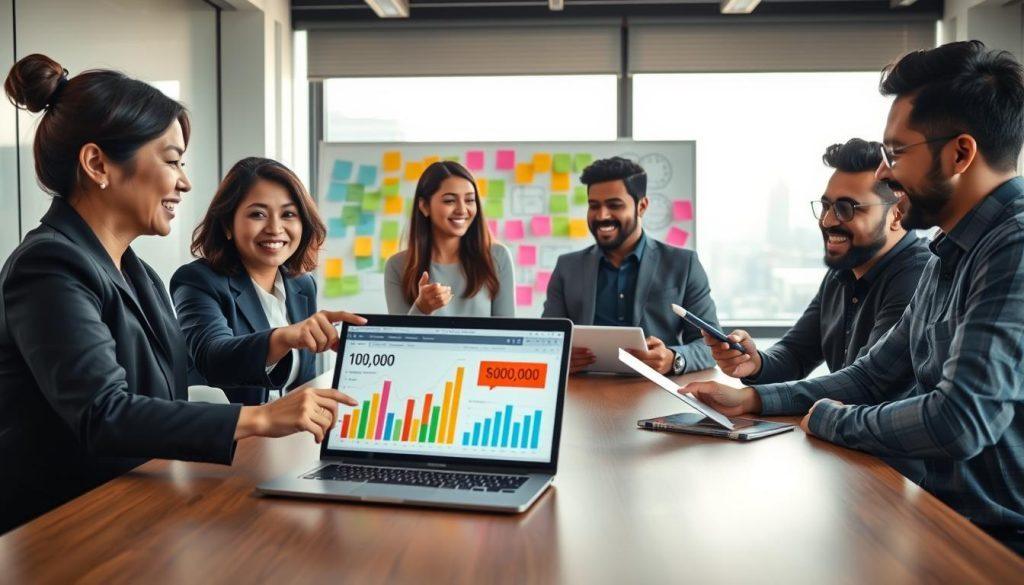 A modern office environment featuring a diverse group of four professionals engaged in a lively brainstorming session around a large table. In the foreground, a middle-aged Asian woman in business attire is pointing to a laptop screen that displays colorful graphs and charts related to a budget plan, symbolizing a budget of 100,000. To her right, a young Black man in smart casual clothing takes notes on a tablet, while a South Asian woman and a Hispanic man exchange ideas enthusiastically. The middle section shows vibrant sticky notes and diagrams on a whiteboard behind them, emphasizing collaboration. The background includes a window revealing a cityscape bathed in soft, natural sunlight. The mood is energetic and optimistic, reflecting innovation and teamwork in strategic planning for e-commerce. A modern office environment featuring a diverse group of four professionals engaged in a lively brainstorming session around a large table. In the foreground, a middle-aged Asian woman in business attire is pointing to a laptop screen that displays colorful graphs and charts related to a budget plan, symbolizing a budget of 100,000. To her right, a young Black man in smart casual clothing takes notes on a tablet, while a South Asian woman and a Hispanic man exchange ideas enthusiastically. The middle section shows vibrant sticky notes and diagrams on a whiteboard behind them, emphasizing collaboration. The background includes a window revealing a cityscape bathed in soft, natural sunlight. The mood is energetic and optimistic, reflecting innovation and teamwork in strategic planning for e-commerce.