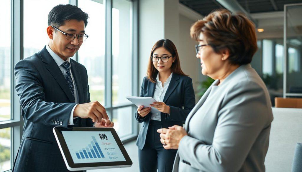 A modern office environment featuring a diverse group of professionals engaged in a discussion. In the foreground, a middle-aged Asian businessman in a tailored suit points towards a digital tablet displaying "中小企業認定" alongside graphs and charts illustrating business growth. In the middle ground, a young female entrepreneur in business casual attire takes notes on a notepad, while a senior woman in glasses observes thoughtfully. The background shows large windows with daylight streaming in, creating an optimistic atmosphere. Use soft natural lighting to enhance professionalism, focusing on a slightly elevated angle to capture the collaborative spirit. The image conveys a sense of empowerment and determination related to small and medium enterprise certification. A modern office environment featuring a diverse group of professionals engaged in a discussion. In the foreground, a middle-aged Asian businessman in a tailored suit points towards a digital tablet displaying "中小企業認定" alongside graphs and charts illustrating business growth. In the middle ground, a young female entrepreneur in business casual attire takes notes on a notepad, while a senior woman in glasses observes thoughtfully. The background shows large windows with daylight streaming in, creating an optimistic atmosphere. Use soft natural lighting to enhance professionalism, focusing on a slightly elevated angle to capture the collaborative spirit. The image conveys a sense of empowerment and determination related to small and medium enterprise certification.