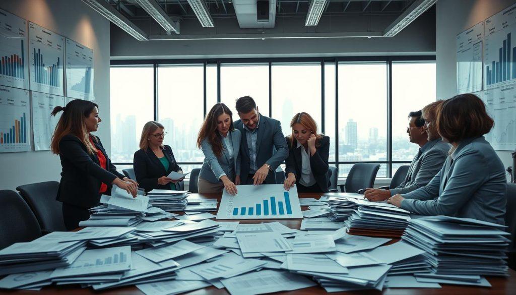 A modern office environment filled with paperwork and charts depicting financial data on walls. In the foreground, a diverse group of professionals in business attire engaged in a serious discussion, pointing at graphs on a tabletop, which illustrate the complexities of government grants and loans. The middle of the scene showcases an array of documents scattered, symbolizing the chaotic aftermath of mismanaged resources. In the background, large windows reveal a city skyline under soft natural lighting, creating a hopeful but tense atmosphere. The overall mood reflects the weight of responsibility and the serious implications of misusing government assistance, captured from a slightly elevated angle to encompass the entire setting. A modern office environment filled with paperwork and charts depicting financial data on walls. In the foreground, a diverse group of professionals in business attire engaged in a serious discussion, pointing at graphs on a tabletop, which illustrate the complexities of government grants and loans. The middle of the scene showcases an array of documents scattered, symbolizing the chaotic aftermath of mismanaged resources. In the background, large windows reveal a city skyline under soft natural lighting, creating a hopeful but tense atmosphere. The overall mood reflects the weight of responsibility and the serious implications of misusing government assistance, captured from a slightly elevated angle to encompass the entire setting.