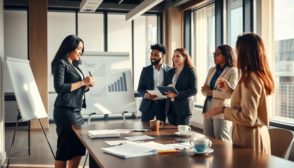 A modern office environment showcasing a diverse group of professionals engaged in a brainstorming session. In the foreground, a confident Asian woman in smart business attire stands at a whiteboard, outlining graphs and market trends, while taking notes. Surrounding her, a mixed-gender team, including a Black man and a Hispanic woman, are discussing ideas animatedly, with one member pointing at a digital tablet displaying data. The middle ground features a sleek conference table cluttered with documents and coffee cups, symbolizing collaborative effort. In the background, large windows provide natural lighting, illuminating the room with a bright and inviting atmosphere. The overall mood reflects determination, teamwork, and a focus on validating market needs. Soft shadows and a warm color palette enhance the professional yet creative vibe of the scene. A modern office environment showcasing a diverse group of professionals engaged in a brainstorming session. In the foreground, a confident Asian woman in smart business attire stands at a whiteboard, outlining graphs and market trends, while taking notes. Surrounding her, a mixed-gender team, including a Black man and a Hispanic woman, are discussing ideas animatedly, with one member pointing at a digital tablet displaying data. The middle ground features a sleek conference table cluttered with documents and coffee cups, symbolizing collaborative effort. In the background, large windows provide natural lighting, illuminating the room with a bright and inviting atmosphere. The overall mood reflects determination, teamwork, and a focus on validating market needs. Soft shadows and a warm color palette enhance the professional yet creative vibe of the scene.