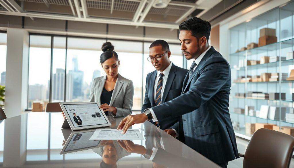 A modern office setting showcasing a professional meeting between two individuals discussing dropshipping. In the foreground, a diverse businesswoman in a smart business outfit reviewing a tablet displaying product options, while a man in a tailored suit points at a contract on a polished conference table. In the middle ground, a large window reveals a bustling cityscape, with bright sunlight streaming in, creating an uplifting atmosphere. Various products are neatly arranged on shelves behind them, symbolizing the merchandise available for dropshipping. The image should convey a sense of collaboration, professionalism, and strategic planning, using soft, natural lighting to enhance the workspace ambiance. Focus on capturing expressions of concentration and teamwork without any text overlays. A modern office setting showcasing a professional meeting between two individuals discussing dropshipping. In the foreground, a diverse businesswoman in a smart business outfit reviewing a tablet displaying product options, while a man in a tailored suit points at a contract on a polished conference table. In the middle ground, a large window reveals a bustling cityscape, with bright sunlight streaming in, creating an uplifting atmosphere. Various products are neatly arranged on shelves behind them, symbolizing the merchandise available for dropshipping. The image should convey a sense of collaboration, professionalism, and strategic planning, using soft, natural lighting to enhance the workspace ambiance. Focus on capturing expressions of concentration and teamwork without any text overlays.
