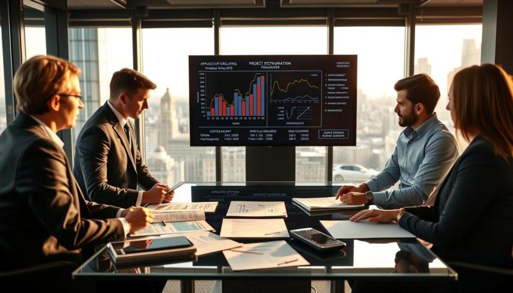 A modern office setting where a business team is engaged in a serious discussion about project management and financial oversight. In the foreground, a diverse group of professionals, dressed in smart business attire, looks over documents and charts on a glass conference table, symbolizing financial planning and project evaluation. In the middle ground, a large digital screen displays graphs and analytics related to funding and project performance, emphasizing the consequences of focusing only on application thresholds and funding without ensuring operational sustainability. The background features large windows with a cityscape view, suggesting the high stakes of business decisions. The overall mood is tense yet focused, conveying the gravity of mismanaged government resources and the importance of operational viability. Soft, natural lighting streams in, highlighting the seriousness of the discussion and the need for effective management. A modern office setting where a business team is engaged in a serious discussion about project management and financial oversight. In the foreground, a diverse group of professionals, dressed in smart business attire, looks over documents and charts on a glass conference table, symbolizing financial planning and project evaluation. In the middle ground, a large digital screen displays graphs and analytics related to funding and project performance, emphasizing the consequences of focusing only on application thresholds and funding without ensuring operational sustainability. The background features large windows with a cityscape view, suggesting the high stakes of business decisions. The overall mood is tense yet focused, conveying the gravity of mismanaged government resources and the importance of operational viability. Soft, natural lighting streams in, highlighting the seriousness of the discussion and the need for effective management.