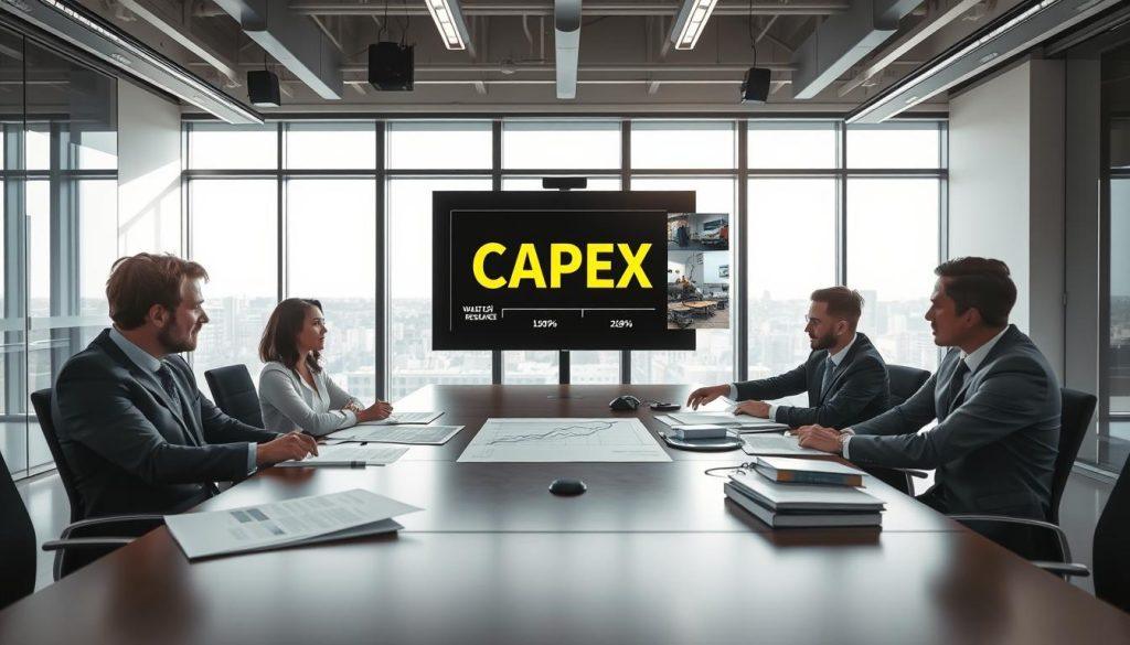 A modern office setting with a large conference table in the foreground, featuring professionals in business attire analyzing financial documents and charts. One person points at a graph showing a decline, symbolizing misallocated funds. The middle ground showcases a presentation screen displaying the acronym "CAPEX" alongside visual representations of wasted resources, such as broken machinery and unused office space. In the background, floor-to-ceiling windows let in natural light, casting a serious atmosphere over the scene. The lighting is bright yet subtle, emphasizing the tension and urgency of the moment. The overall mood conveys a sense of urgency and concern over financial mismanagement. A modern office setting with a large conference table in the foreground, featuring professionals in business attire analyzing financial documents and charts. One person points at a graph showing a decline, symbolizing misallocated funds. The middle ground showcases a presentation screen displaying the acronym "CAPEX" alongside visual representations of wasted resources, such as broken machinery and unused office space. In the background, floor-to-ceiling windows let in natural light, casting a serious atmosphere over the scene. The lighting is bright yet subtle, emphasizing the tension and urgency of the moment. The overall mood conveys a sense of urgency and concern over financial mismanagement.