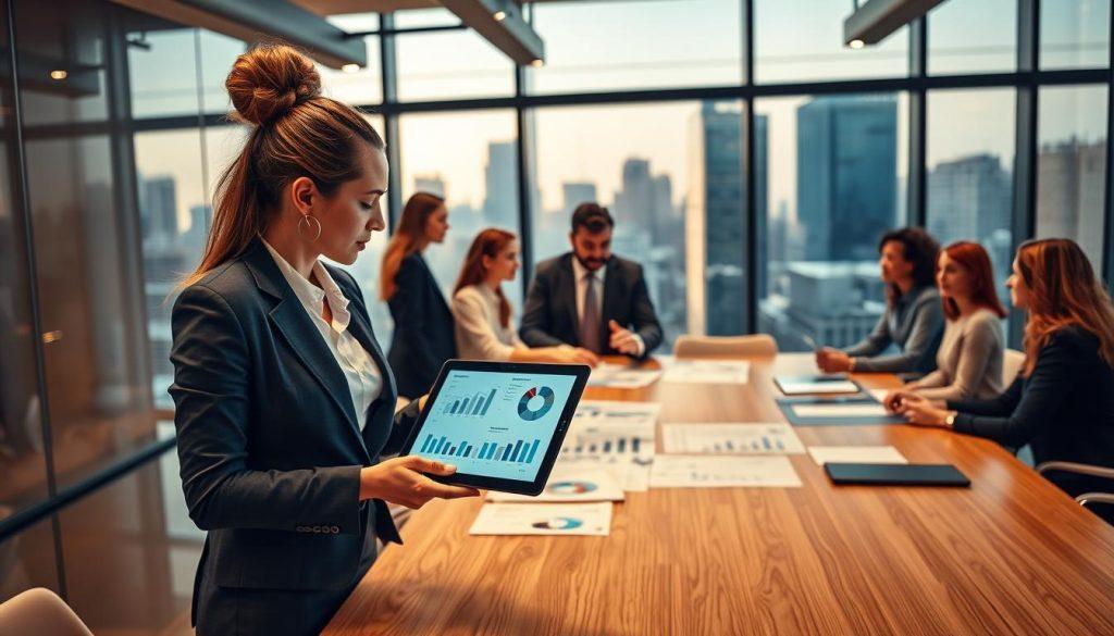 A modern office space, bustling with activity, showcasing a diverse group of professionals engaged in strategic discussions around a large conference table. In the foreground, a focused young woman in a smart business suit points at a digital tablet displaying graphs and data, symbolizing long-term e-commerce strategies. In the middle ground, a man in business attire discusses plans with colleagues, surrounded by charts and futuristic technology. The background features a large window with a city skyline view, bathed in warm afternoon light, creating an inspiring, optimistic atmosphere. The overall mood is collaborative and forward-thinking, highlighting the shift from viewing e-commerce platforms as mere endpoints to broader business opportunities. A modern office space, bustling with activity, showcasing a diverse group of professionals engaged in strategic discussions around a large conference table. In the foreground, a focused young woman in a smart business suit points at a digital tablet displaying graphs and data, symbolizing long-term e-commerce strategies. In the middle ground, a man in business attire discusses plans with colleagues, surrounded by charts and futuristic technology. The background features a large window with a city skyline view, bathed in warm afternoon light, creating an inspiring, optimistic atmosphere. The overall mood is collaborative and forward-thinking, highlighting the shift from viewing e-commerce platforms as mere endpoints to broader business opportunities.