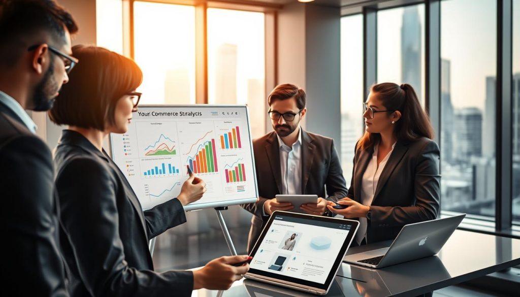 A modern office space setting focused on improving e-commerce search accuracy, featuring a diverse group of professionals in smart business attire engaged in a collaborative brainstorming session. In the foreground, a woman with short black hair illustrates a search strategy on a digital whiteboard with dynamic, colorful graphs representing data analytics. In the middle ground, a man with glasses analyzes consumer sentiment trends on a laptop, while another colleague uses a tablet displaying a vector search model. The background features large windows letting in warm, natural light, highlighting a futuristic cityscape. The atmosphere is focused and innovative, reflecting a blend of technology and teamwork, with a slight hint of excitement for improving online shopping experiences. The scene conveys a sense of purpose and collaboration, seamlessly integrating elements of analytics and advanced technology. A modern office space setting focused on improving e-commerce search accuracy, featuring a diverse group of professionals in smart business attire engaged in a collaborative brainstorming session. In the foreground, a woman with short black hair illustrates a search strategy on a digital whiteboard with dynamic, colorful graphs representing data analytics. In the middle ground, a man with glasses analyzes consumer sentiment trends on a laptop, while another colleague uses a tablet displaying a vector search model. The background features large windows letting in warm, natural light, highlighting a futuristic cityscape. The atmosphere is focused and innovative, reflecting a blend of technology and teamwork, with a slight hint of excitement for improving online shopping experiences. The scene conveys a sense of purpose and collaboration, seamlessly integrating elements of analytics and advanced technology.