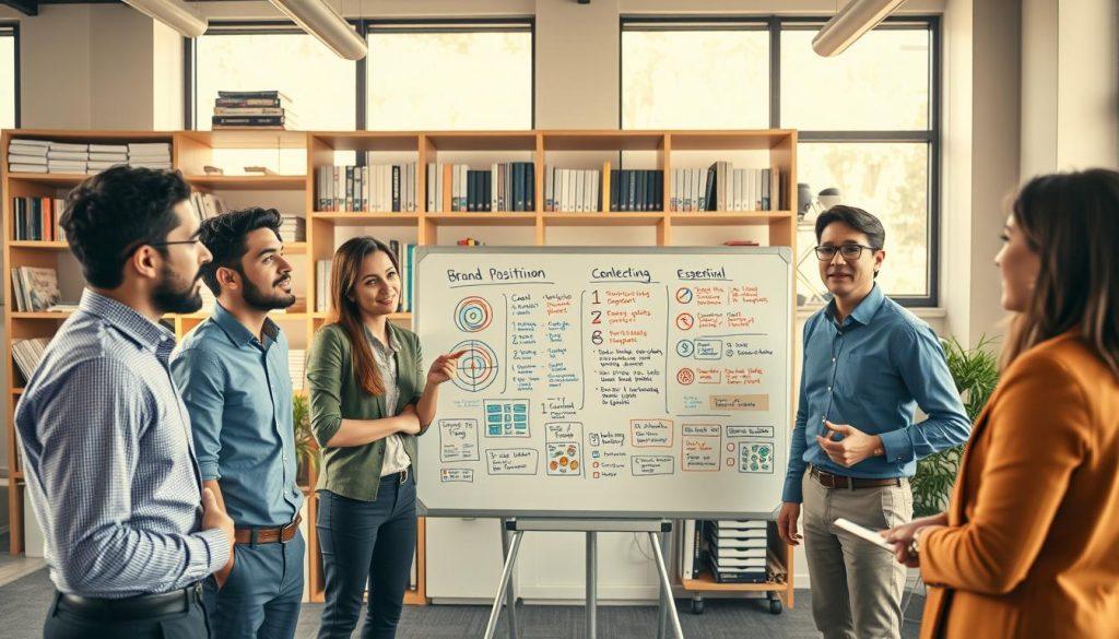 A modern office workspace showcasing brand positioning concepts. In the foreground, a diverse group of four professionals—two men and two women—engaged in a collaborative discussion, dressed in smart casual attire. In the middle, a large whiteboard filled with colorful diagrams and target audience profiles, annotated with strategic notes. The background features shelves lined with marketing books and essential branding materials, illuminated by warm, natural light streaming through large windows, creating an inviting atmosphere. The scene captures a sense of energy and focus, emphasizing teamwork and the importance of clear brand messaging directed at the right audience. The angle is slightly from above, providing a comprehensive view of the engagement and planning process. A modern office workspace showcasing brand positioning concepts. In the foreground, a diverse group of four professionals—two men and two women—engaged in a collaborative discussion, dressed in smart casual attire. In the middle, a large whiteboard filled with colorful diagrams and target audience profiles, annotated with strategic notes. The background features shelves lined with marketing books and essential branding materials, illuminated by warm, natural light streaming through large windows, creating an inviting atmosphere. The scene captures a sense of energy and focus, emphasizing teamwork and the importance of clear brand messaging directed at the right audience. The angle is slightly from above, providing a comprehensive view of the engagement and planning process.