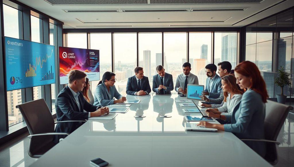 A modern office workspace showcasing digital transformation for small and medium enterprises. In the foreground, a diverse group of professionals dressed in smart business attire collaborate around a sleek conference table, examining graphs and digital devices. The middle section features large screens displaying vibrant data analytics and e-commerce interfaces, symbolizing the transition to online platforms. In the background, floor-to-ceiling windows reveal a bustling cityscape, indicating a thriving business environment. Soft, natural light pours in, creating a bright and optimistic atmosphere. The overall mood is one of innovation, collaboration, and forward-thinking, capturing the essence of digital transformation in a professional setting. A modern office workspace showcasing digital transformation for small and medium enterprises. In the foreground, a diverse group of professionals dressed in smart business attire collaborate around a sleek conference table, examining graphs and digital devices. The middle section features large screens displaying vibrant data analytics and e-commerce interfaces, symbolizing the transition to online platforms. In the background, floor-to-ceiling windows reveal a bustling cityscape, indicating a thriving business environment. Soft, natural light pours in, creating a bright and optimistic atmosphere. The overall mood is one of innovation, collaboration, and forward-thinking, capturing the essence of digital transformation in a professional setting.