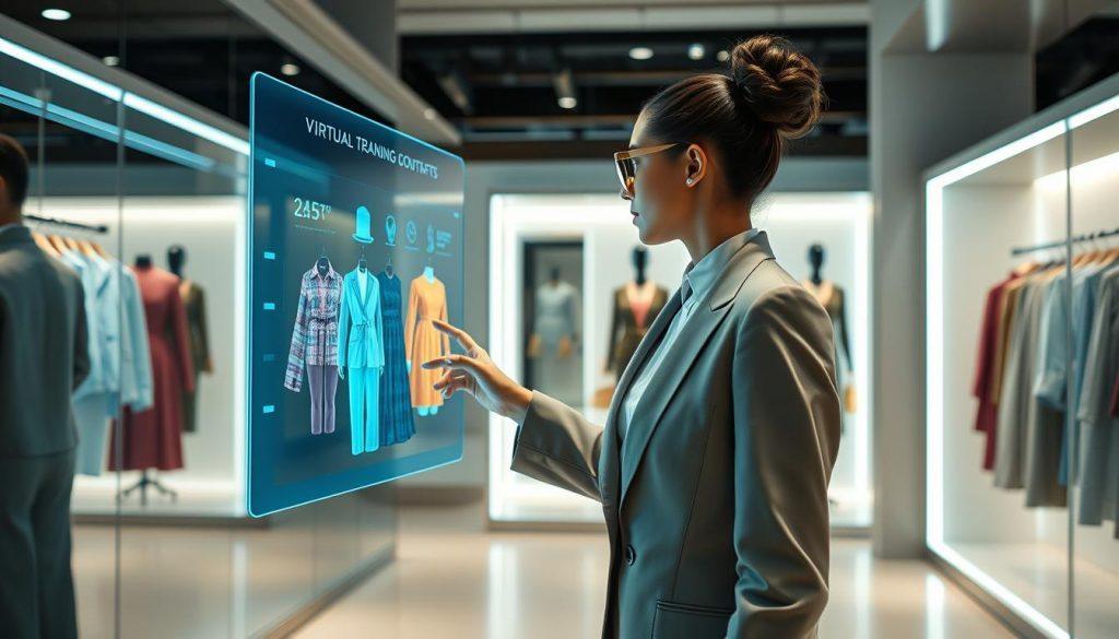 A modern, sleek AR virtual fitting room showcasing advanced technology. In the foreground, a professional model dressed in stylish, modest business attire interacts with a holographic interface, selecting clothing options from a colorful, digitally rendered wardrobe. The middle ground features a beautifully lit space with high-tech mirrors displaying augmented reality outfits seamlessly transforming on the model's reflection. The background is a minimalist boutique with bright, inviting lighting and a contemporary design, evoking a sense of innovation and sophistication. Use a soft focus effect on the background to emphasize the technology in the foreground. Capture the atmosphere of cutting-edge fashion technology and the excitement of personalized shopping experiences. A modern, sleek AR virtual fitting room showcasing advanced technology. In the foreground, a professional model dressed in stylish, modest business attire interacts with a holographic interface, selecting clothing options from a colorful, digitally rendered wardrobe. The middle ground features a beautifully lit space with high-tech mirrors displaying augmented reality outfits seamlessly transforming on the model's reflection. The background is a minimalist boutique with bright, inviting lighting and a contemporary design, evoking a sense of innovation and sophistication. Use a soft focus effect on the background to emphasize the technology in the foreground. Capture the atmosphere of cutting-edge fashion technology and the excitement of personalized shopping experiences.