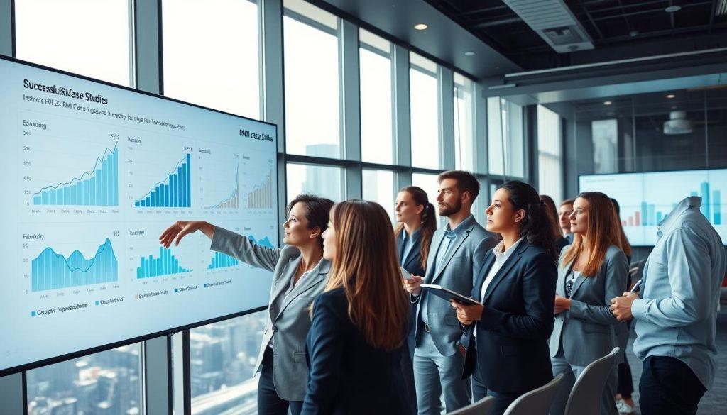 A modern, sleek meeting room filled with professionals analyzing data visualizations displayed on large screens. In the foreground, a woman in smart business attire points at a digital display showing successful RMN case studies with graphs showing increased ROI. In the middle, a diverse team of business professionals, both men and women, attentively listening and taking notes, all dressed in professional attire, exuding focus and collaboration. The background features a large window with cityscape views, casting natural light into the room, creating an inspiring and innovative atmosphere. The image has a clean, high-tech aesthetic, with soft lighting highlighting the faces of the professionals, showcasing a mood of analysis and success in e-commerce and advertising innovations. A modern, sleek meeting room filled with professionals analyzing data visualizations displayed on large screens. In the foreground, a woman in smart business attire points at a digital display showing successful RMN case studies with graphs showing increased ROI. In the middle, a diverse team of business professionals, both men and women, attentively listening and taking notes, all dressed in professional attire, exuding focus and collaboration. The background features a large window with cityscape views, casting natural light into the room, creating an inspiring and innovative atmosphere. The image has a clean, high-tech aesthetic, with soft lighting highlighting the faces of the professionals, showcasing a mood of analysis and success in e-commerce and advertising innovations.