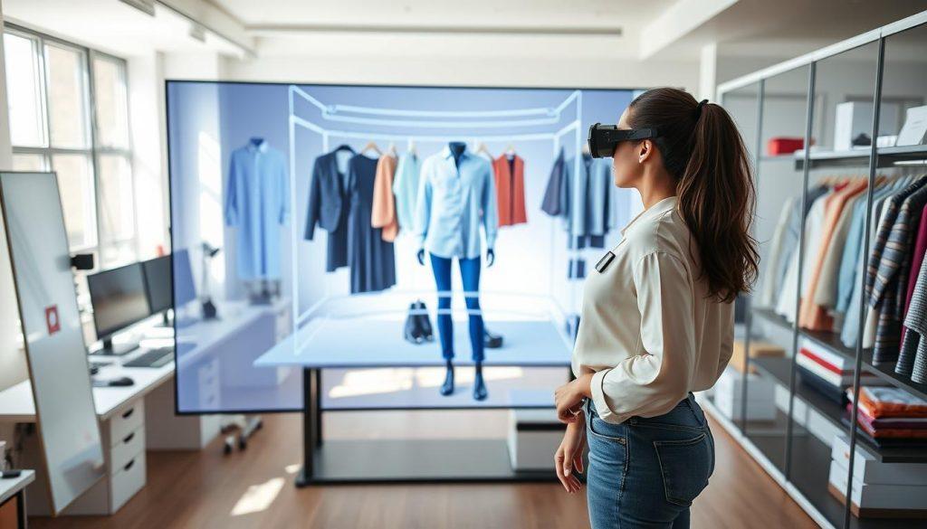 A modern virtual fitting room application demonstration, showcasing advanced AR technology. In the foreground, a professional-looking woman wearing a stylish blouse and jeans stands in front of a large interactive screen, which displays a holographic virtual wardrobe with various clothing options rotating around her. The middle ground features a sleek workspace filled with gadgets, smart mirrors, and colorful fabric swatches, emphasizing innovation. In the background, a bright, minimalistic office with large windows allows natural light to flood the room, casting soft shadows and creating a warm atmosphere. The scene conveys a sense of excitement and efficiency in online shopping, highlighting the seamless integration of technology in retail. Use a high-angle shot to capture the full depth of the space, ensuring a clean and focused composition. A modern virtual fitting room application demonstration, showcasing advanced AR technology. In the foreground, a professional-looking woman wearing a stylish blouse and jeans stands in front of a large interactive screen, which displays a holographic virtual wardrobe with various clothing options rotating around her. The middle ground features a sleek workspace filled with gadgets, smart mirrors, and colorful fabric swatches, emphasizing innovation. In the background, a bright, minimalistic office with large windows allows natural light to flood the room, casting soft shadows and creating a warm atmosphere. The scene conveys a sense of excitement and efficiency in online shopping, highlighting the seamless integration of technology in retail. Use a high-angle shot to capture the full depth of the space, ensuring a clean and focused composition.