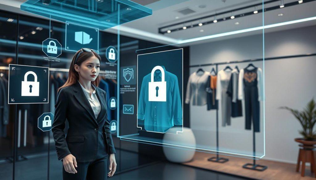 A modern virtual fitting room focused on privacy protection, showcasing a sleek, high-tech interface with holographic displays. In the foreground, a female avatar in professional business attire is trying on clothes, with a surrounding digital overlay illustrating privacy measures, like data locks and shields. The middle layer features advanced AR technology simulating realistic clothing textures and colors. In the background, a stylish, minimalist design studio with soft, ambient lighting creates a calm atmosphere, emphasizing security and comfort. The camera angle captures a wide shot to highlight the interaction between user and technology, with a cool color palette that conveys professionalism and trust. A modern virtual fitting room focused on privacy protection, showcasing a sleek, high-tech interface with holographic displays. In the foreground, a female avatar in professional business attire is trying on clothes, with a surrounding digital overlay illustrating privacy measures, like data locks and shields. The middle layer features advanced AR technology simulating realistic clothing textures and colors. In the background, a stylish, minimalist design studio with soft, ambient lighting creates a calm atmosphere, emphasizing security and comfort. The camera angle captures a wide shot to highlight the interaction between user and technology, with a cool color palette that conveys professionalism and trust.