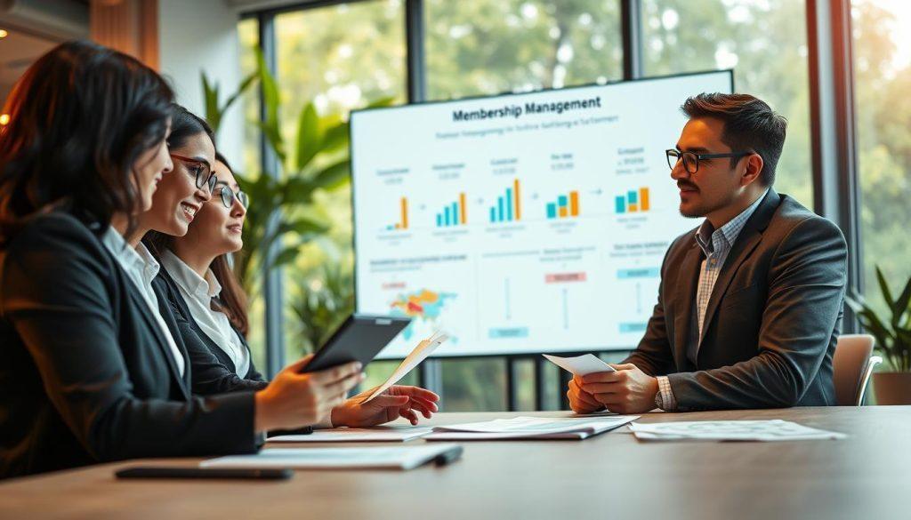 A modern workspace depicting a professional meeting on membership management. In the foreground, a diverse group of three professionals—two women and one man—discussing strategies over a digital tablet and papers, wearing smart business attire. In the middle ground, a large screen displays graphs and charts showing customer engagement and retention metrics, along with an illustrated flow of converting one-time buyers into long-term customers. In the background, soft-focus greenery and large windows evoke a bright, optimistic atmosphere, with warm natural lighting illuminating the scene from the left. The mood is collaborative and focused, emphasizing innovation in customer relationship management. A modern workspace depicting a professional meeting on membership management. In the foreground, a diverse group of three professionals—two women and one man—discussing strategies over a digital tablet and papers, wearing smart business attire. In the middle ground, a large screen displays graphs and charts showing customer engagement and retention metrics, along with an illustrated flow of converting one-time buyers into long-term customers. In the background, soft-focus greenery and large windows evoke a bright, optimistic atmosphere, with warm natural lighting illuminating the scene from the left. The mood is collaborative and focused, emphasizing innovation in customer relationship management.