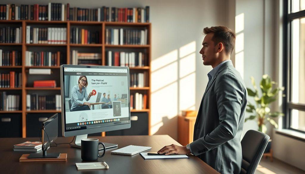 A modern workspace featuring a sleek computer setup displaying an engaging and attractive personal website interface. In the foreground, depict a confident business professional in modest casual clothing, focused on the screen, symbolizing control and autonomy in their online presence. The middle ground includes a stylish desk adorned with business essentials such as notepads, a coffee mug, and a smartphone, hinting at productivity. In the background, soft-focused bookshelves lined with business and marketing books, creating an intellectual atmosphere. Natural light streams in through a large window, casting warm, inviting shadows. The scene should invoke a sense of empowerment and innovation, highlighting the importance of owning one's digital space. A modern workspace featuring a sleek computer setup displaying an engaging and attractive personal website interface. In the foreground, depict a confident business professional in modest casual clothing, focused on the screen, symbolizing control and autonomy in their online presence. The middle ground includes a stylish desk adorned with business essentials such as notepads, a coffee mug, and a smartphone, hinting at productivity. In the background, soft-focused bookshelves lined with business and marketing books, creating an intellectual atmosphere. Natural light streams in through a large window, casting warm, inviting shadows. The scene should invoke a sense of empowerment and innovation, highlighting the importance of owning one's digital space.