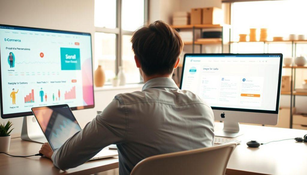 A modern workspace featuring two distinct setups, one representing a traditional e-commerce platform and the other a self-hosted website. In the foreground, show a person in professional business attire, sitting at a desk with a laptop, analyzing data charts on a screen. To the left, depict a vibrant digital interface of an e-commerce platform with product listings and customer reviews, illuminated with soft, natural lighting. In the middle, visualize a computer screen displaying a custom-built website interface, showcasing a simple design and features like inventory management. The background features shelves stocked with products, and a window that allows warm, diffused sunlight to pour in, creating an inviting atmosphere. The overall mood is focused and entrepreneurial, reflecting the challenges and opportunities of running an online business solo. A modern workspace featuring two distinct setups, one representing a traditional e-commerce platform and the other a self-hosted website. In the foreground, show a person in professional business attire, sitting at a desk with a laptop, analyzing data charts on a screen. To the left, depict a vibrant digital interface of an e-commerce platform with product listings and customer reviews, illuminated with soft, natural lighting. In the middle, visualize a computer screen displaying a custom-built website interface, showcasing a simple design and features like inventory management. The background features shelves stocked with products, and a window that allows warm, diffused sunlight to pour in, creating an inviting atmosphere. The overall mood is focused and entrepreneurial, reflecting the challenges and opportunities of running an online business solo.