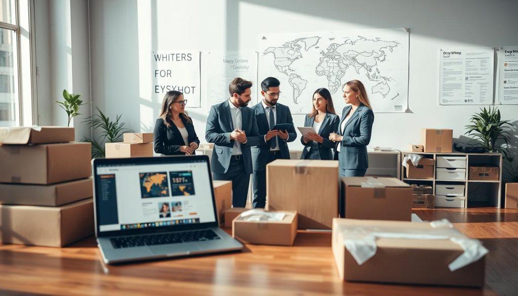 A modern workspace setting showcasing the concept of dropshipping. In the foreground, a well-organized desk with a laptop displaying an e-commerce website, surrounded by shipping boxes and products ready for fulfillment. In the middle, a diverse group of three professionals—two wearing smart casual business attire and one in a business suit—are engaged in a discussion, analyzing sales data on a tablet. Bright, natural lighting floods the space from a nearby window, casting soft shadows on the polished wooden floor. In the background, a map showing global shipping routes is pinned on the wall, with motivational posters related to entrepreneurship. The atmosphere is focused and energetic, reflecting an innovative and collaborative working environment. A modern workspace setting showcasing the concept of dropshipping. In the foreground, a well-organized desk with a laptop displaying an e-commerce website, surrounded by shipping boxes and products ready for fulfillment. In the middle, a diverse group of three professionals—two wearing smart casual business attire and one in a business suit—are engaged in a discussion, analyzing sales data on a tablet. Bright, natural lighting floods the space from a nearby window, casting soft shadows on the polished wooden floor. In the background, a map showing global shipping routes is pinned on the wall, with motivational posters related to entrepreneurship. The atmosphere is focused and energetic, reflecting an innovative and collaborative working environment.