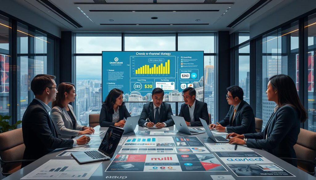 A professional and modern office setting filled with dynamic visuals depicting "全通路策略" (Omni-channel Strategy). In the foreground, a diverse group of business professionals, dressed in smart business attire, are engaged in a collaborative discussion around a large table covered with charts, laptops, and digital devices illustrating various e-commerce platforms like their official website, Shopee, Momo, and social media icons. The middle layer showcases a digital screen displaying graphs and strategies relevant to channel selection and platform strategy. In the background, large windows offer a view of a bustling city skyline, symbolizing growth and opportunity. Soft, ambient lighting fills the room, creating a focused yet energetic atmosphere conducive to innovation and teamwork. A professional and modern office setting filled with dynamic visuals depicting "全通路策略" (Omni-channel Strategy). In the foreground, a diverse group of business professionals, dressed in smart business attire, are engaged in a collaborative discussion around a large table covered with charts, laptops, and digital devices illustrating various e-commerce platforms like their official website, Shopee, Momo, and social media icons. The middle layer showcases a digital screen displaying graphs and strategies relevant to channel selection and platform strategy. In the background, large windows offer a view of a bustling city skyline, symbolizing growth and opportunity. Soft, ambient lighting fills the room, creating a focused yet energetic atmosphere conducive to innovation and teamwork.
