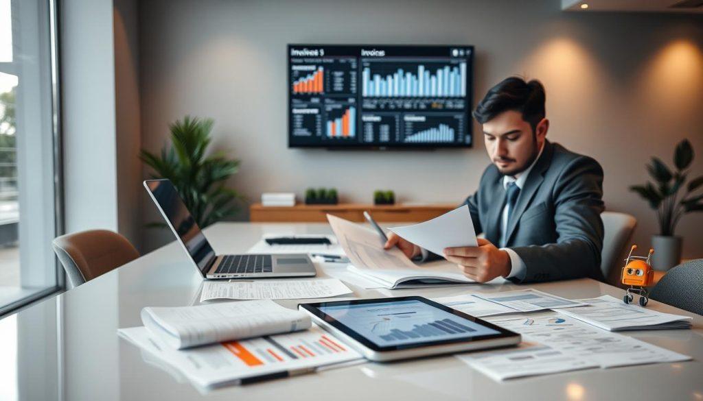 A professional and modern workspace showcasing the concept of e-commerce reconciliation in a visually engaging manner. In the foreground, a business person in professional attire sits at a sleek desk with a laptop open, sifting through invoices and financial statements. The middle ground features neatly organized documents and a digital tablet displaying graphs and analytical data, symbolizing tracking sales and tax compliance. In the background, a wall-mounted screen shows e-commerce analytics and charts, with soft, ambient lighting casting a warm glow over the scene, creating an atmosphere of productivity and focus. The overall mood conveys seriousness and diligence, emphasizing the importance of proper tax management in e-commerce operations. A professional and modern workspace showcasing the concept of e-commerce reconciliation in a visually engaging manner. In the foreground, a business person in professional attire sits at a sleek desk with a laptop open, sifting through invoices and financial statements. The middle ground features neatly organized documents and a digital tablet displaying graphs and analytical data, symbolizing tracking sales and tax compliance. In the background, a wall-mounted screen shows e-commerce analytics and charts, with soft, ambient lighting casting a warm glow over the scene, creating an atmosphere of productivity and focus. The overall mood conveys seriousness and diligence, emphasizing the importance of proper tax management in e-commerce operations.