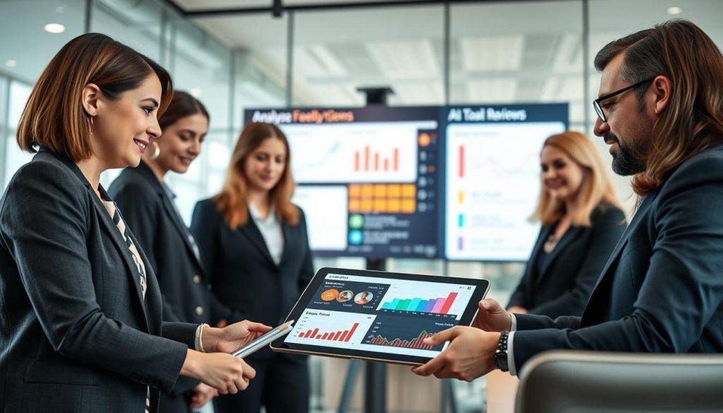 A professional business meeting scene focused on AI-driven solutions for customer feedback analysis. In the foreground, a diverse group of three individuals in business attire – two women and one man – interact over a digital tablet displaying graphs and analytics. In the middle, a large screen showcases visual representations of AI tools analyzing customer reviews, with colorful data overlays emphasizing trends and insights. The background features a modern office setting with glass walls and contemporary decor, illuminated by soft, natural light to create an inviting atmosphere. The mood is collaborative and innovative, capturing the essence of problem-solving and the transformation of negative feedback into product development opportunities. A professional business meeting scene focused on AI-driven solutions for customer feedback analysis. In the foreground, a diverse group of three individuals in business attire – two women and one man – interact over a digital tablet displaying graphs and analytics. In the middle, a large screen showcases visual representations of AI tools analyzing customer reviews, with colorful data overlays emphasizing trends and insights. The background features a modern office setting with glass walls and contemporary decor, illuminated by soft, natural light to create an inviting atmosphere. The mood is collaborative and innovative, capturing the essence of problem-solving and the transformation of negative feedback into product development opportunities.