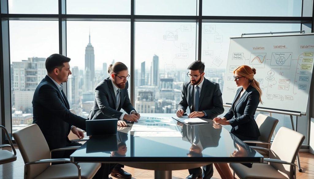A professional business meeting scene set in a modern office, illustrating the concept of 'Business Model Validation.' In the foreground, a diverse group of four business professionals—two men and two women—are engaged in discussion, reviewing charts and graphs on a sleek, contemporary table. They are dressed in smart business attire, conveying focus and determination. In the middle ground, a large glass window reveals a bustling cityscape, symbolizing the external challenges of entrepreneurship. The lighting is bright and inviting, casting natural sunlight on the table, enhancing the atmosphere of collaboration and strategic thinking. The background features a whiteboard filled with brainstorming notes and diagrams related to business strategies, emphasizing the importance of validating business models before relying on external funds. The overall mood is energetic and optimistic, reflecting a proactive approach to business validation. A professional business meeting scene set in a modern office, illustrating the concept of 'Business Model Validation.' In the foreground, a diverse group of four business professionals—two men and two women—are engaged in discussion, reviewing charts and graphs on a sleek, contemporary table. They are dressed in smart business attire, conveying focus and determination. In the middle ground, a large glass window reveals a bustling cityscape, symbolizing the external challenges of entrepreneurship. The lighting is bright and inviting, casting natural sunlight on the table, enhancing the atmosphere of collaboration and strategic thinking. The background features a whiteboard filled with brainstorming notes and diagrams related to business strategies, emphasizing the importance of validating business models before relying on external funds. The overall mood is energetic and optimistic, reflecting a proactive approach to business validation.