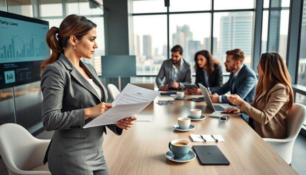 A professional business setting depicting a diverse group of entrepreneurs discussing startup loans. In the foreground, a confident woman in a smart business suit holds a financial document, looking thoughtfully at a screen displaying graphs and loan options. The middle contains a diverse group of men and women engaged in discussion around a modern conference table with laptops, notes, and coffee cups, symbolizing collaboration. The background features a city view through large windows, emphasizing a vibrant business atmosphere. Soft, natural lighting creates a warm, inviting environment, while a low angle captures the dynamic interaction among the subjects. The overall mood is focused and optimistic, reflecting aspirations for entrepreneurship and financial support. A professional business setting depicting a diverse group of entrepreneurs discussing startup loans. In the foreground, a confident woman in a smart business suit holds a financial document, looking thoughtfully at a screen displaying graphs and loan options. The middle contains a diverse group of men and women engaged in discussion around a modern conference table with laptops, notes, and coffee cups, symbolizing collaboration. The background features a city view through large windows, emphasizing a vibrant business atmosphere. Soft, natural lighting creates a warm, inviting environment, while a low angle captures the dynamic interaction among the subjects. The overall mood is focused and optimistic, reflecting aspirations for entrepreneurship and financial support.