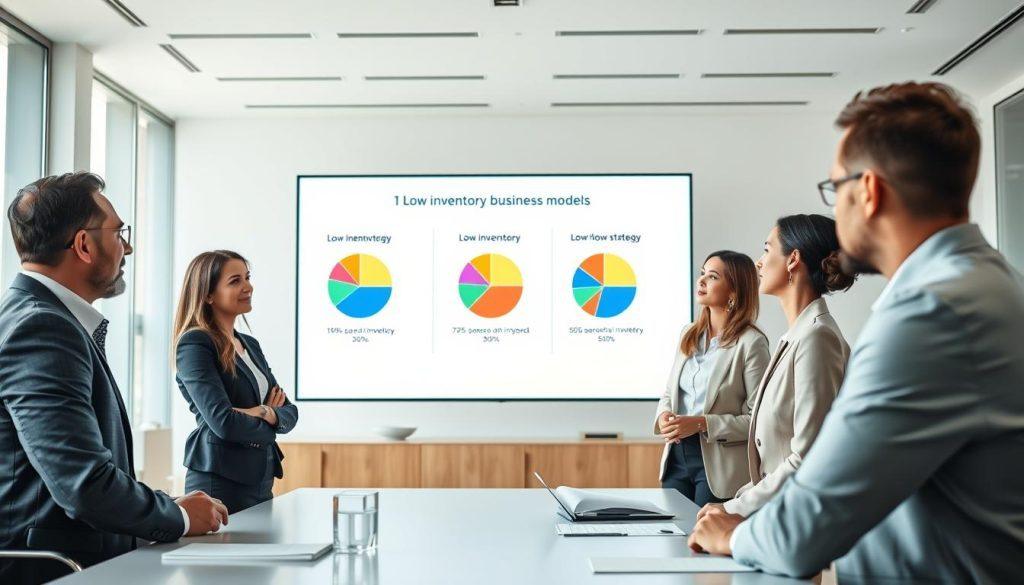A professional meeting room scene illustrating three distinct low-inventory business models. In the foreground, a diverse group of four business professionals—two men and two women—are engaged in discussion, dressed in smart business attire. The middle ground features a large digital screen displaying three pie charts, each representing a different low-inventory strategy, with color-coded sections for clarity. The background shows a modern conference room with minimalistic decor, large windows allowing natural light to flood the space, creating a bright and inviting atmosphere. The mood is collaborative and focused, emphasizing the exchange of innovative ideas in e-commerce. The lens should capture a slight angle to highlight both the professionals and the data on the screen effectively. A professional meeting room scene illustrating three distinct low-inventory business models. In the foreground, a diverse group of four business professionals—two men and two women—are engaged in discussion, dressed in smart business attire. The middle ground features a large digital screen displaying three pie charts, each representing a different low-inventory strategy, with color-coded sections for clarity. The background shows a modern conference room with minimalistic decor, large windows allowing natural light to flood the space, creating a bright and inviting atmosphere. The mood is collaborative and focused, emphasizing the exchange of innovative ideas in e-commerce. The lens should capture a slight angle to highlight both the professionals and the data on the screen effectively.