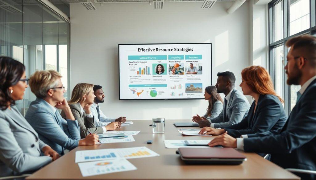 A professional office environment illustrating effective government resource utilization. In the foreground, a diverse group of professionals in business attire is engaged in a strategic discussion around a conference table, surrounded by charts and graphs depicting financial data. In the middle, a large screen displays a presentation titled "Effective Resource Strategies," with visuals of resource allocation and success stories. The background shows large windows with natural light streaming in, providing a bright atmosphere. The overall mood is focused and collaborative, emphasizing the importance of proper resource management. Capture this scene with a slightly elevated angle, highlighting the dynamics between the individuals and the presentation. The lighting is bright but soft, creating an inviting workspace. A professional office environment illustrating effective government resource utilization. In the foreground, a diverse group of professionals in business attire is engaged in a strategic discussion around a conference table, surrounded by charts and graphs depicting financial data. In the middle, a large screen displays a presentation titled "Effective Resource Strategies," with visuals of resource allocation and success stories. The background shows large windows with natural light streaming in, providing a bright atmosphere. The overall mood is focused and collaborative, emphasizing the importance of proper resource management. Capture this scene with a slightly elevated angle, highlighting the dynamics between the individuals and the presentation. The lighting is bright but soft, creating an inviting workspace.