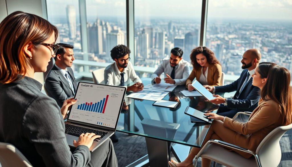 A professional office environment showcasing a diverse group of businesspeople engaged in a dynamic discussion about customer retention and predictive AI models. In the foreground, a woman in a modern office attire, analyzing data on a sleek laptop with visual graphs indicating customer churn rates. The middle layer features a glass conference table surrounded by colleagues of various ethnicities, actively brainstorming solutions with digital tablets and charts spread out. The background depicts a panoramic view of a bustling city skyline through large windows, with soft natural light illuminating the room to create an optimistic atmosphere. The scene conveys urgency and collaboration, highlighting the importance of proactive customer service strategies. A professional office environment showcasing a diverse group of businesspeople engaged in a dynamic discussion about customer retention and predictive AI models. In the foreground, a woman in a modern office attire, analyzing data on a sleek laptop with visual graphs indicating customer churn rates. The middle layer features a glass conference table surrounded by colleagues of various ethnicities, actively brainstorming solutions with digital tablets and charts spread out. The background depicts a panoramic view of a bustling city skyline through large windows, with soft natural light illuminating the room to create an optimistic atmosphere. The scene conveys urgency and collaboration, highlighting the importance of proactive customer service strategies.