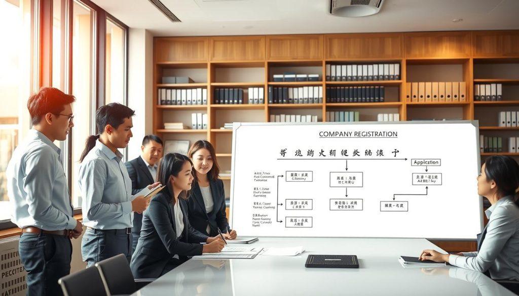 A professional office environment showcasing the process of company registration in Taiwan. In the foreground, a diverse group of business professionals, dressed in smart casual attire, are engaged in discussion around a modern conference table, reviewing documents. They are focused and collaborative, reflecting a positive atmosphere. In the middle ground, a large whiteboard displays a simplified flowchart of the company registration process, including steps like application, verification, and approval. In the background, there are shelves filled with business books and legal documents, contributing to an authoritative setting. Soft natural lighting streams through large windows, casting a warm glow, emphasizing a sense of clarity and professionalism. The image should convey a mood of determination and organization in a business context. A professional office environment showcasing the process of company registration in Taiwan. In the foreground, a diverse group of business professionals, dressed in smart casual attire, are engaged in discussion around a modern conference table, reviewing documents. They are focused and collaborative, reflecting a positive atmosphere. In the middle ground, a large whiteboard displays a simplified flowchart of the company registration process, including steps like application, verification, and approval. In the background, there are shelves filled with business books and legal documents, contributing to an authoritative setting. Soft natural lighting streams through large windows, casting a warm glow, emphasizing a sense of clarity and professionalism. The image should convey a mood of determination and organization in a business context.