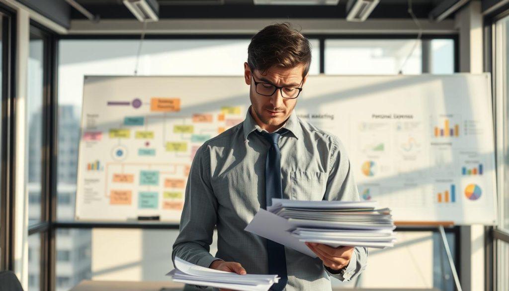 A professional office setting illustrating improper use of funds in a startup context. In the foreground, a confused entrepreneur, dressed in smart casual attire, looks at a stack of papers with a worried expression, embodying the feeling of stress. In the middle ground, a whiteboard filled with colorful flowcharts and graphs outlines various funding categories, such as marketing, inventory, and personal expenses, creating a sense of organization. The background shows a modern office with large windows allowing soft natural light to filter in, casting gentle shadows and creating a calm yet tense atmosphere. The image should capture the contrast between aspiration and the pitfalls of poor financial planning, emphasizing the importance of correct fund usage for startups. A professional office setting illustrating improper use of funds in a startup context. In the foreground, a confused entrepreneur, dressed in smart casual attire, looks at a stack of papers with a worried expression, embodying the feeling of stress. In the middle ground, a whiteboard filled with colorful flowcharts and graphs outlines various funding categories, such as marketing, inventory, and personal expenses, creating a sense of organization. The background shows a modern office with large windows allowing soft natural light to filter in, casting gentle shadows and creating a calm yet tense atmosphere. The image should capture the contrast between aspiration and the pitfalls of poor financial planning, emphasizing the importance of correct fund usage for startups.