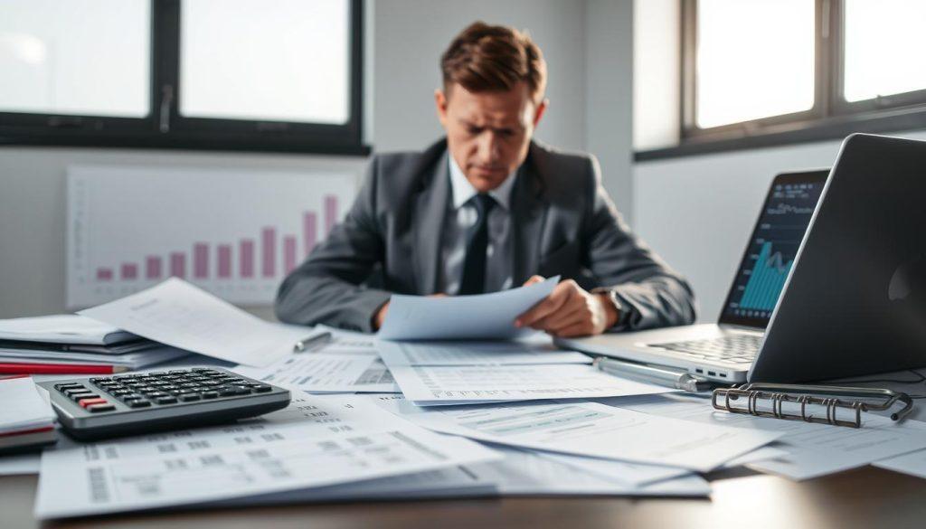 A professional office setting with a focus on financial documents, emphasizing the concept of "tax compliance." In the foreground, a desk cluttered with spreadsheets and tax forms, highlighting inconsistencies, with a calculator and a laptop displaying financial data. The middle ground features a concerned business individual in professional attire, examining the documents with a furrowed brow, showcasing a feeling of anxiety. The background reveals a large window with soft natural light filtering through, creating a calm atmosphere, while an abstract graph illustrating financial trends is faintly visible on the wall. The overall tone is serious and reflective, capturing the critical nature of financial accuracy and the implications of tax discrepancies. A professional office setting with a focus on financial documents, emphasizing the concept of "tax compliance." In the foreground, a desk cluttered with spreadsheets and tax forms, highlighting inconsistencies, with a calculator and a laptop displaying financial data. The middle ground features a concerned business individual in professional attire, examining the documents with a furrowed brow, showcasing a feeling of anxiety. The background reveals a large window with soft natural light filtering through, creating a calm atmosphere, while an abstract graph illustrating financial trends is faintly visible on the wall. The overall tone is serious and reflective, capturing the critical nature of financial accuracy and the implications of tax discrepancies.