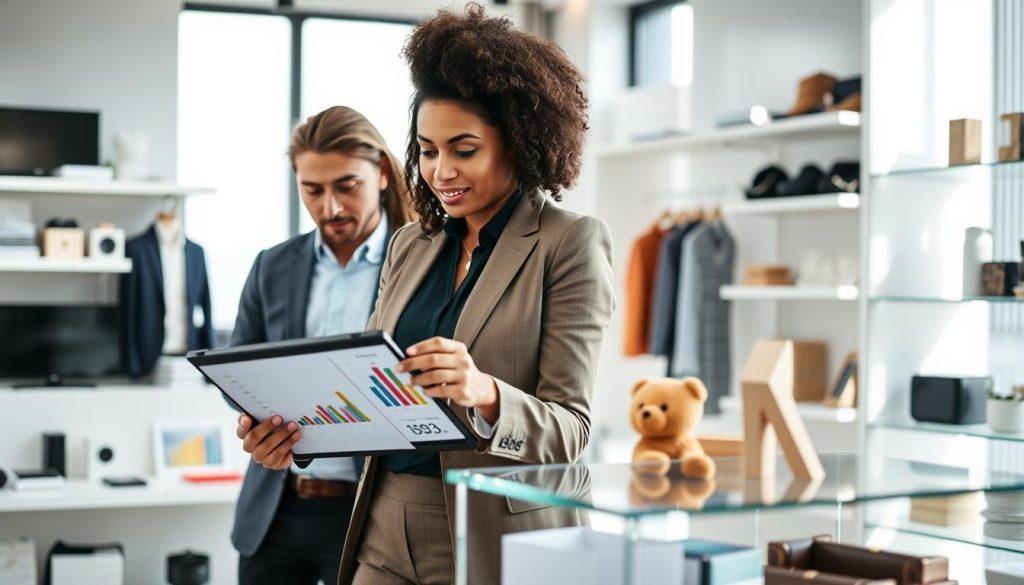 A professional setting showcasing a diverse group of individuals evaluating various product options and customer demographics. In the foreground, a focused businesswoman in a smart casual outfit studies a digital tablet displaying product metrics, while a thoughtful businessman next to her analyzes a colorful chart. The middle ground features an assortment of products such as electronics, clothing, and home goods displayed on sleek minimalist shelves. The background boasts a bright, modern office environment with large windows allowing natural light to flood in, casting soft shadows. The overall mood conveys collaboration and strategic decision-making, highlighting the importance of product assessment and channel selection in e-commerce. The image is captured with a slightly elevated angle, emphasizing the interaction among team members. A professional setting showcasing a diverse group of individuals evaluating various product options and customer demographics. In the foreground, a focused businesswoman in a smart casual outfit studies a digital tablet displaying product metrics, while a thoughtful businessman next to her analyzes a colorful chart. The middle ground features an assortment of products such as electronics, clothing, and home goods displayed on sleek minimalist shelves. The background boasts a bright, modern office environment with large windows allowing natural light to flood in, casting soft shadows. The overall mood conveys collaboration and strategic decision-making, highlighting the importance of product assessment and channel selection in e-commerce. The image is captured with a slightly elevated angle, emphasizing the interaction among team members.
