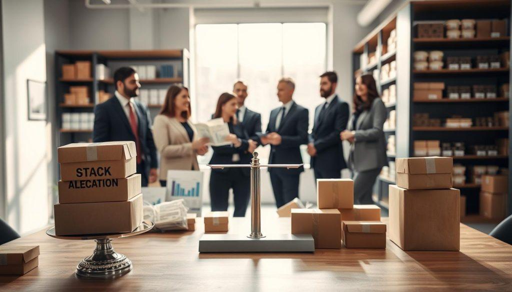 A professional setting showcasing a stock inventory management scene. In the foreground, a well-organized table displays various inventory items, such as boxes and package samples, symbolizing stock allocation. On one side, a balance scale delicately holds packages representing excess stock, while on the other side, smaller boxes symbolize low inventory. In the middle ground, a diverse group of business professionals, dressed in smart business attire, engage in a discussion around a digital tablet displaying graphs and inventory data. The background features a sleek modern office with shelves filled with products and a large window allowing natural light to pour in, creating an atmosphere of focus and balance. The lighting is bright and soft, casting gentle shadows, enhancing the seriousness and clarity of the scene. A professional setting showcasing a stock inventory management scene. In the foreground, a well-organized table displays various inventory items, such as boxes and package samples, symbolizing stock allocation. On one side, a balance scale delicately holds packages representing excess stock, while on the other side, smaller boxes symbolize low inventory. In the middle ground, a diverse group of business professionals, dressed in smart business attire, engage in a discussion around a digital tablet displaying graphs and inventory data. The background features a sleek modern office with shelves filled with products and a large window allowing natural light to pour in, creating an atmosphere of focus and balance. The lighting is bright and soft, casting gentle shadows, enhancing the seriousness and clarity of the scene.