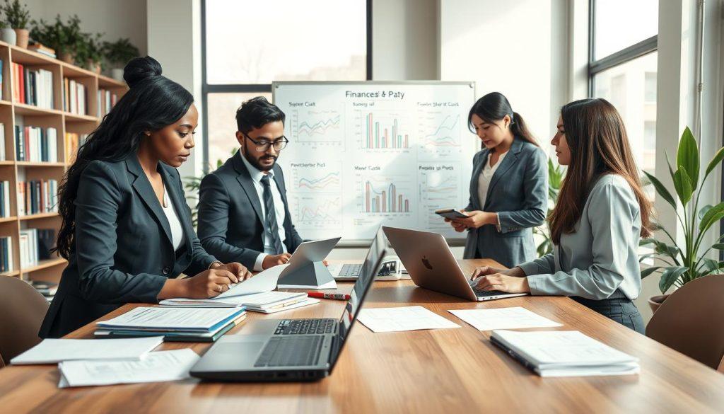 A professional workspace illustrating "創業資金規劃" with a focus on financial planning for startups without revenue. In the foreground, a diverse group of individuals in professional business attire, including a Black woman in a tailored suit, an Asian man with glasses, and a Hispanic woman with a tablet, are discussing over a modern wooden table filled with financial documents, laptops, and a calculator. In the middle layer, a whiteboard is visible with financial charts and graphs outlining startup costs and funding sources. The background features shelves lined with business books and plants, creating a warm, productive atmosphere. Natural light streams through large windows, casting soft shadows, and the overall mood is collaborative and insightful, emphasizing the pursuit of knowledge in financial planning. A professional workspace illustrating "創業資金規劃" with a focus on financial planning for startups without revenue. In the foreground, a diverse group of individuals in professional business attire, including a Black woman in a tailored suit, an Asian man with glasses, and a Hispanic woman with a tablet, are discussing over a modern wooden table filled with financial documents, laptops, and a calculator. In the middle layer, a whiteboard is visible with financial charts and graphs outlining startup costs and funding sources. The background features shelves lined with business books and plants, creating a warm, productive atmosphere. Natural light streams through large windows, casting soft shadows, and the overall mood is collaborative and insightful, emphasizing the pursuit of knowledge in financial planning.