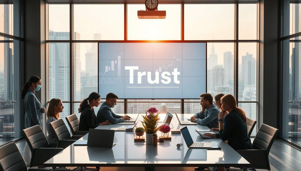 A serene and professional setting depicting a modern office environment, focused on the concept of "信任機制" (trust mechanism). In the foreground, a diverse group of business professionals in smart business attire are engaged in a collaborative discussion around a sleek conference table filled with digital devices and branding materials. The middle layer showcases a large digital screen displaying graphs and the word "Trust" in stylish typography, representing data analysis and brand building. In the background, large windows reveal a city skyline, bathing the scene in soft natural light, creating a warm and inviting atmosphere. The overall mood is one of cooperation, innovation, and forward-thinking strategy, embodying the essence of building brand assets in a competitive market. A serene and professional setting depicting a modern office environment, focused on the concept of "信任機制" (trust mechanism). In the foreground, a diverse group of business professionals in smart business attire are engaged in a collaborative discussion around a sleek conference table filled with digital devices and branding materials. The middle layer showcases a large digital screen displaying graphs and the word "Trust" in stylish typography, representing data analysis and brand building. In the background, large windows reveal a city skyline, bathing the scene in soft natural light, creating a warm and inviting atmosphere. The overall mood is one of cooperation, innovation, and forward-thinking strategy, embodying the essence of building brand assets in a competitive market.