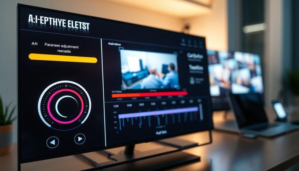 A sleek and modern AI parameter adjustment interface displayed on a high-resolution digital screen. The foreground features intuitive dials and sliders, glowing with vibrant colors, highlighting options such as "Cut Duration," "Transition Effects," and "Audio Balance." In the middle, a streamlined control panel with graphical representations of video analytics. The background showcases a softly lit workspace, complete with a hint of advanced technology like a laptop and a light projection of video clips in action. The lighting is bright yet soft, creating an engaging and professional atmosphere. The camera angle is slightly elevated, capturing the interface from a user’s perspective, emphasizing the interaction with AI tools. Focused and inviting, the scene conveys a sense of innovation and efficiency in video editing. A sleek and modern AI parameter adjustment interface displayed on a high-resolution digital screen. The foreground features intuitive dials and sliders, glowing with vibrant colors, highlighting options such as "Cut Duration," "Transition Effects," and "Audio Balance." In the middle, a streamlined control panel with graphical representations of video analytics. The background showcases a softly lit workspace, complete with a hint of advanced technology like a laptop and a light projection of video clips in action. The lighting is bright yet soft, creating an engaging and professional atmosphere. The camera angle is slightly elevated, capturing the interface from a user’s perspective, emphasizing the interaction with AI tools. Focused and inviting, the scene conveys a sense of innovation and efficiency in video editing.