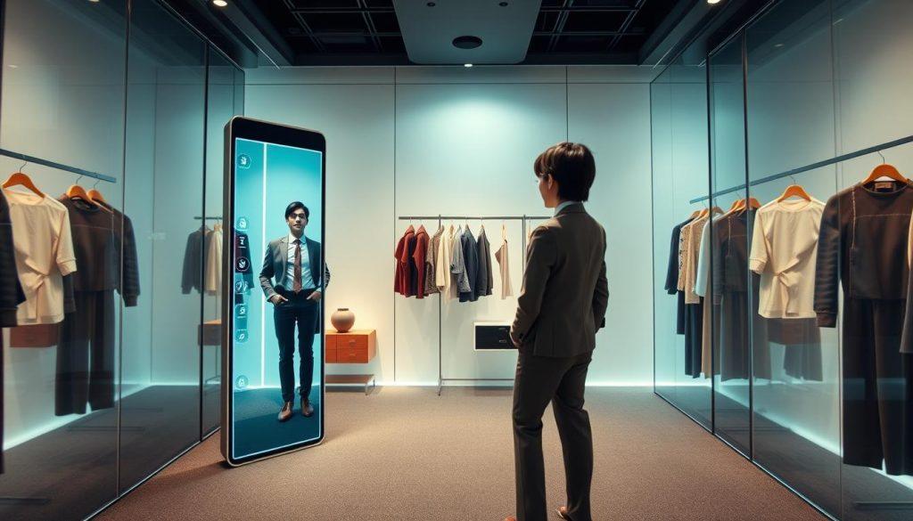 A sleek and modern virtual fitting room interface showcasing an immersive user experience. In the foreground, display a high-tech digital mirror reflecting a user trying on fashionable outfits, dressed in professional business attire. In the middle ground, illustrate an intuitive layout with interactive controls, virtual clothing racks displaying diverse garments, and a clean, minimalist design. The background should feature a soft, ambient light source enhancing the atmosphere, conveying a sense of innovation and ease. Use a wide-angle perspective to capture the depth of the environment, creating a welcoming and futuristic setting for users. The overall mood should be engaging and sophisticated, emphasizing the advanced technology behind the virtual fitting room concept. A sleek and modern virtual fitting room interface showcasing an immersive user experience. In the foreground, display a high-tech digital mirror reflecting a user trying on fashionable outfits, dressed in professional business attire. In the middle ground, illustrate an intuitive layout with interactive controls, virtual clothing racks displaying diverse garments, and a clean, minimalist design. The background should feature a soft, ambient light source enhancing the atmosphere, conveying a sense of innovation and ease. Use a wide-angle perspective to capture the depth of the environment, creating a welcoming and futuristic setting for users. The overall mood should be engaging and sophisticated, emphasizing the advanced technology behind the virtual fitting room concept.