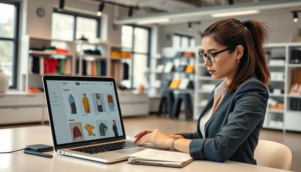 A sleek, modern e-commerce website interface displayed on a laptop screen in a well-lit office environment. In the foreground, a professional businesswoman is intently designing the website, her expression focused and determined. She wears smart casual attire, with a notepad filled with sketches and ideas beside her. In the middle ground, a colorful array of products like clothing, electronics, and accessories is tastefully arranged on shelves, emphasizing a diverse product range. The background features a contemporary workspace with large windows letting in natural light, creating a bright and inviting atmosphere. The overall mood is one of empowerment and innovation, highlighting the theme of gaining control in the e-commerce landscape. The image is captured from a slight angle to provide depth, using soft lighting to enhance the professionalism of the scene. A sleek, modern e-commerce website interface displayed on a laptop screen in a well-lit office environment. In the foreground, a professional businesswoman is intently designing the website, her expression focused and determined. She wears smart casual attire, with a notepad filled with sketches and ideas beside her. In the middle ground, a colorful array of products like clothing, electronics, and accessories is tastefully arranged on shelves, emphasizing a diverse product range. The background features a contemporary workspace with large windows letting in natural light, creating a bright and inviting atmosphere. The overall mood is one of empowerment and innovation, highlighting the theme of gaining control in the e-commerce landscape. The image is captured from a slight angle to provide depth, using soft lighting to enhance the professionalism of the scene.