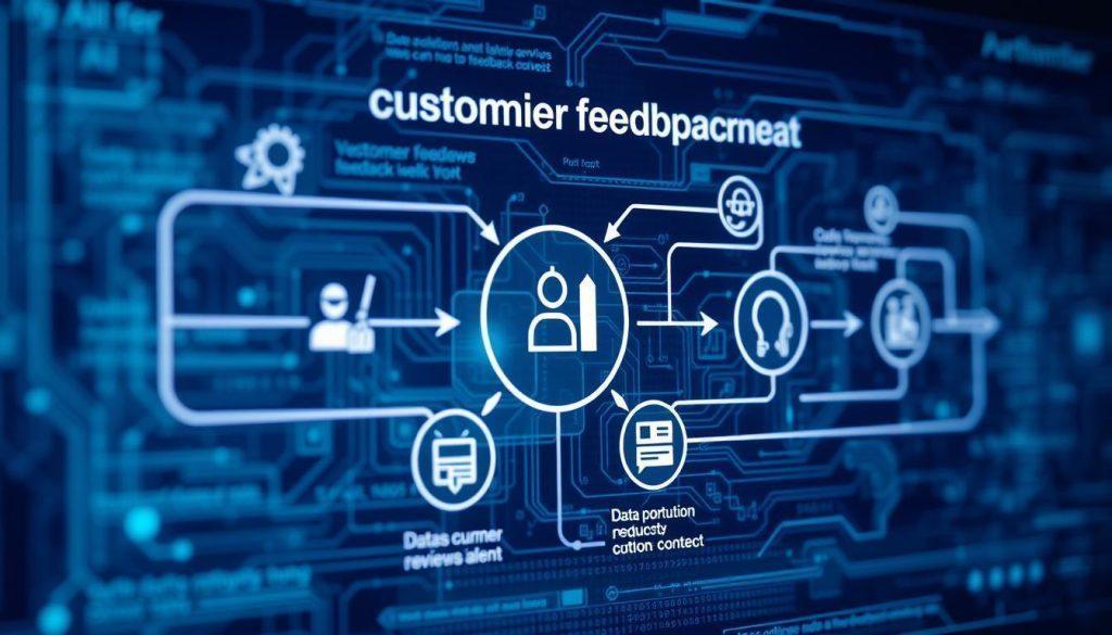 A sleek, modern infographic depicting the operation flow of an AI feedback system, designed to optimize customer feedback loops. In the foreground, a stylized flowchart illustrates the stages of data collection, analysis, and product development. In the middle, various icons represent key elements such as customer reviews, AI analysis, and continuous improvement, connected by dynamic arrows. The background features a digital interface with subtle circuit patterns and soft blues and greens to convey a high-tech atmosphere. Soft lighting enhances clarity and depth, with a slight tilt angle to give a sense of perspective. The overall mood is professional, innovative, and forward-looking, suitable for a business article on leveraging customer feedback. A sleek, modern infographic depicting the operation flow of an AI feedback system, designed to optimize customer feedback loops. In the foreground, a stylized flowchart illustrates the stages of data collection, analysis, and product development. In the middle, various icons represent key elements such as customer reviews, AI analysis, and continuous improvement, connected by dynamic arrows. The background features a digital interface with subtle circuit patterns and soft blues and greens to convey a high-tech atmosphere. Soft lighting enhances clarity and depth, with a slight tilt angle to give a sense of perspective. The overall mood is professional, innovative, and forward-looking, suitable for a business article on leveraging customer feedback.