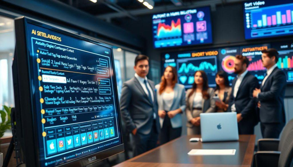 A sleek, modern office setting showcases advanced technology at work. In the foreground, a high-tech computer screen displays a complex algorithm generating automatic tags and keywords, with glowing icons representing various social media platforms. The middle ground features a diverse group of professionals, dressed in smart business attire, intently observing the screen and discussing ideas. Background elements include digital displays showing statistical data and vibrant charts related to short video content. Soft, focused lighting illuminates the scene, creating a productive and dynamic atmosphere. The composition is shot from a slight angle, enhancing depth and engagement, emphasizing innovation in AI-driven content management. A sleek, modern office setting showcases advanced technology at work. In the foreground, a high-tech computer screen displays a complex algorithm generating automatic tags and keywords, with glowing icons representing various social media platforms. The middle ground features a diverse group of professionals, dressed in smart business attire, intently observing the screen and discussing ideas. Background elements include digital displays showing statistical data and vibrant charts related to short video content. Soft, focused lighting illuminates the scene, creating a productive and dynamic atmosphere. The composition is shot from a slight angle, enhancing depth and engagement, emphasizing innovation in AI-driven content management.