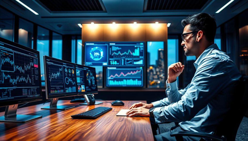 A sleek, modern office workspace focusing on a customer data collection system. In the foreground, a polished wooden desk with multiple computer screens displaying intricate graphs and data analytics related to customer behavior. A professional businessperson, dressed in formal attire, is engaging with the computer, analyzing data with a contemplative expression. In the middle, a wall-mounted digital dashboard shows real-time customer insights and trends. Soft ambient lighting enhances the high-tech atmosphere, illuminating the space with a cool blue tone. In the background, large windows reveal a city skyline, suggesting a dynamic business environment. The overall mood is focused and innovative, emphasizing the importance of proactive customer engagement strategies. A sleek, modern office workspace focusing on a customer data collection system. In the foreground, a polished wooden desk with multiple computer screens displaying intricate graphs and data analytics related to customer behavior. A professional businessperson, dressed in formal attire, is engaging with the computer, analyzing data with a contemplative expression. In the middle, a wall-mounted digital dashboard shows real-time customer insights and trends. Soft ambient lighting enhances the high-tech atmosphere, illuminating the space with a cool blue tone. In the background, large windows reveal a city skyline, suggesting a dynamic business environment. The overall mood is focused and innovative, emphasizing the importance of proactive customer engagement strategies.