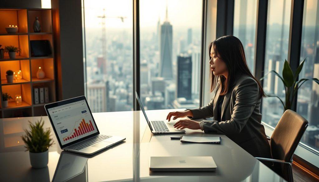 A sleek, modern workspace overlooking a city skyline, featuring a professional Asian woman in business attire, engaged in a video call discussing e-commerce strategies. In the foreground, a laptop displays graphs and online store interfaces, symbolizing low-risk, no-inventory business models. The middle ground includes shelves with light decorations and plants, representing a vibrant and creative atmosphere. The background showcases a panoramic view of a bustling city, under soft, natural lighting that filters through large windows, creating an inspiring, optimistic ambiance. The angle captures both the workspace and cityscape harmoniously, evoking a sense of innovation and accessibility in the e-commerce space. A sleek, modern workspace overlooking a city skyline, featuring a professional Asian woman in business attire, engaged in a video call discussing e-commerce strategies. In the foreground, a laptop displays graphs and online store interfaces, symbolizing low-risk, no-inventory business models. The middle ground includes shelves with light decorations and plants, representing a vibrant and creative atmosphere. The background showcases a panoramic view of a bustling city, under soft, natural lighting that filters through large windows, creating an inspiring, optimistic ambiance. The angle captures both the workspace and cityscape harmoniously, evoking a sense of innovation and accessibility in the e-commerce space.