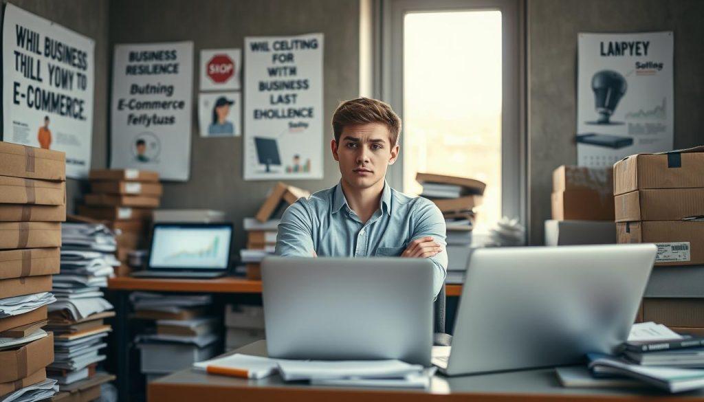 A solitary entrepreneur sits at a cluttered desk, surrounded by stacks of inventory boxes and a laptop displaying graphs and data analytics. The desk is positioned against a wall adorned with motivational posters about business resilience. In the foreground, the entrepreneur, a young professional dressed in smart casual attire, looks pensive, with a furrowed brow and crossed arms, reflecting on challenges. The middle ground features the chaotic workspace with business materials scattered around, while the background shows a large window letting in natural light, casting a warm glow on the scene. The atmosphere conveys a mix of determination and stress, encapsulating the struggles of running a one-person e-commerce venture. Soft, diffused lighting highlights the entrepreneur's thoughtful expression. A solitary entrepreneur sits at a cluttered desk, surrounded by stacks of inventory boxes and a laptop displaying graphs and data analytics. The desk is positioned against a wall adorned with motivational posters about business resilience. In the foreground, the entrepreneur, a young professional dressed in smart casual attire, looks pensive, with a furrowed brow and crossed arms, reflecting on challenges. The middle ground features the chaotic workspace with business materials scattered around, while the background shows a large window letting in natural light, casting a warm glow on the scene. The atmosphere conveys a mix of determination and stress, encapsulating the struggles of running a one-person e-commerce venture. Soft, diffused lighting highlights the entrepreneur's thoughtful expression.