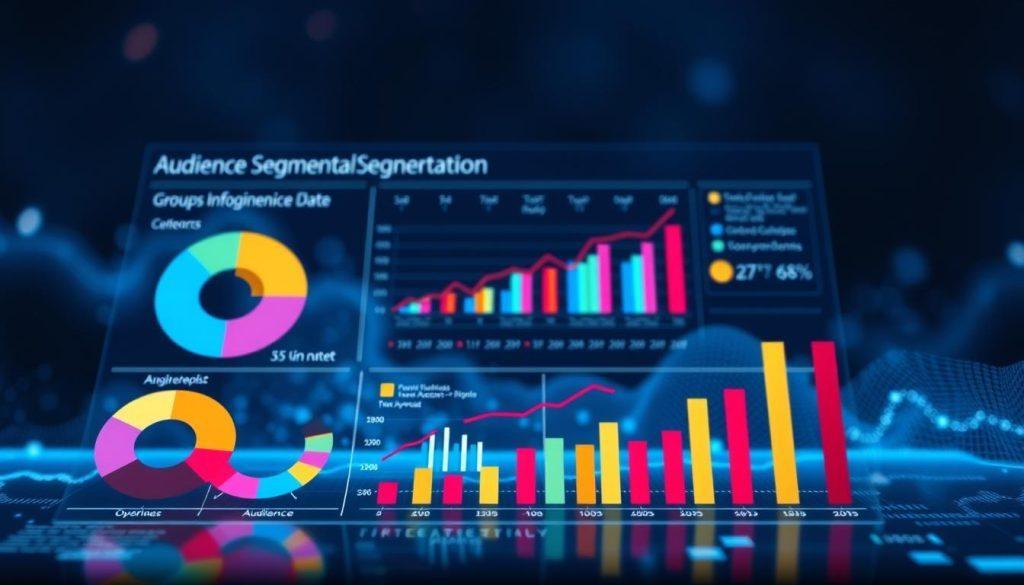 A sophisticated and visually striking audience segmentation analysis chart tailored for RMN applications. In the foreground, display colorful pie charts and bar graphs illustrating various audience groups and their engagement levels. The middle layer should include an infographic aesthetic with icons representing demographics, such as age and interests, arranged methodically. In the background, incorporate a soft-focus digital landscape that suggests innovation and technology, with subtle hints of circuit patterns and data streams. Use bright, clean lighting to emphasize the clarity and precision of the data. The overall mood should be professional and forward-thinking, evoking a sense of strategic planning and modern marketing analytics. A sophisticated and visually striking audience segmentation analysis chart tailored for RMN applications. In the foreground, display colorful pie charts and bar graphs illustrating various audience groups and their engagement levels. The middle layer should include an infographic aesthetic with icons representing demographics, such as age and interests, arranged methodically. In the background, incorporate a soft-focus digital landscape that suggests innovation and technology, with subtle hints of circuit patterns and data streams. Use bright, clean lighting to emphasize the clarity and precision of the data. The overall mood should be professional and forward-thinking, evoking a sense of strategic planning and modern marketing analytics.