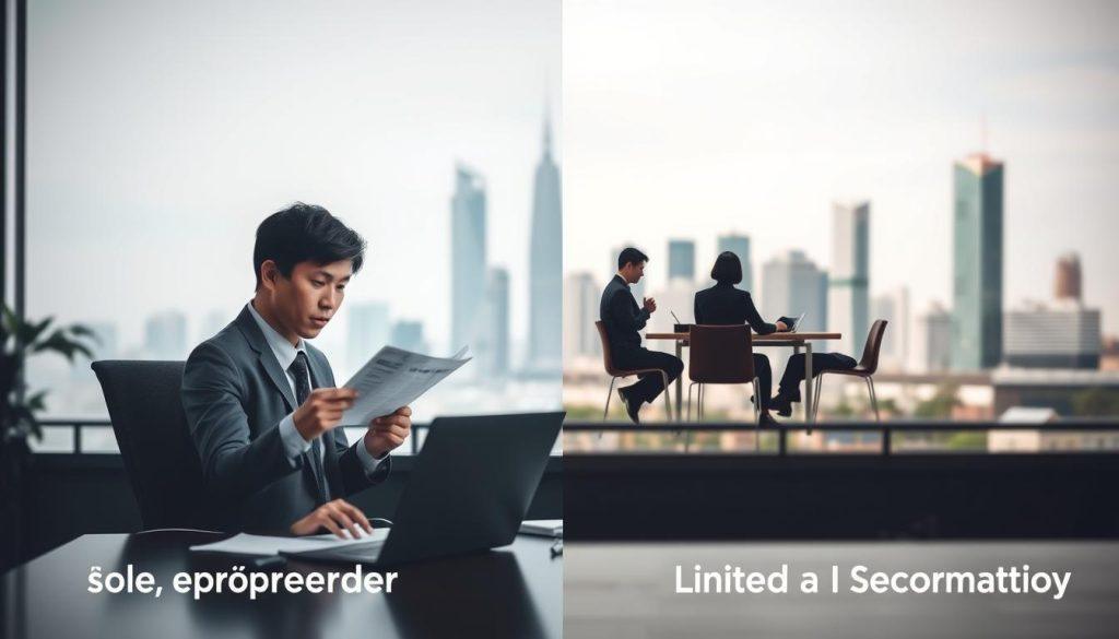 A split scene depicting the differences in responsibility, risk, and business structures between a sole proprietorship and a corporation in Taiwan. In the foreground, a professional-looking individual in business attire sits at a desk with a laptop, analyzing financial papers, symbolizing a sole entrepreneur. In the middle, a contrasting image of a small group in business attire discussing around a table, representing a limited liability company formation. In the background, a stylized skyline of a Taiwanese city, suggesting a business environment. Soft lighting creates a thoughtful and contemplative mood, with a moderate depth of field to focus on the subjects while blurring the skyline slightly. The composition conveys clarity, professionalism, and insight into business structures. A split scene depicting the differences in responsibility, risk, and business structures between a sole proprietorship and a corporation in Taiwan. In the foreground, a professional-looking individual in business attire sits at a desk with a laptop, analyzing financial papers, symbolizing a sole entrepreneur. In the middle, a contrasting image of a small group in business attire discussing around a table, representing a limited liability company formation. In the background, a stylized skyline of a Taiwanese city, suggesting a business environment. Soft lighting creates a thoughtful and contemplative mood, with a moderate depth of field to focus on the subjects while blurring the skyline slightly. The composition conveys clarity, professionalism, and insight into business structures.